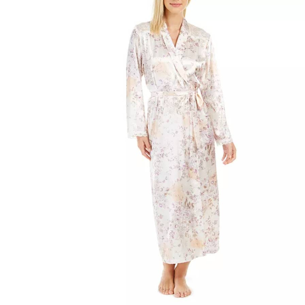 Beautiful Satin Womens Linea Donatella Satin Floral-Print Robe, L/XL